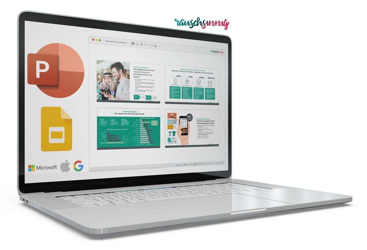 Laptop mit Beispielen professioneller PowerPoint-Präsentationen