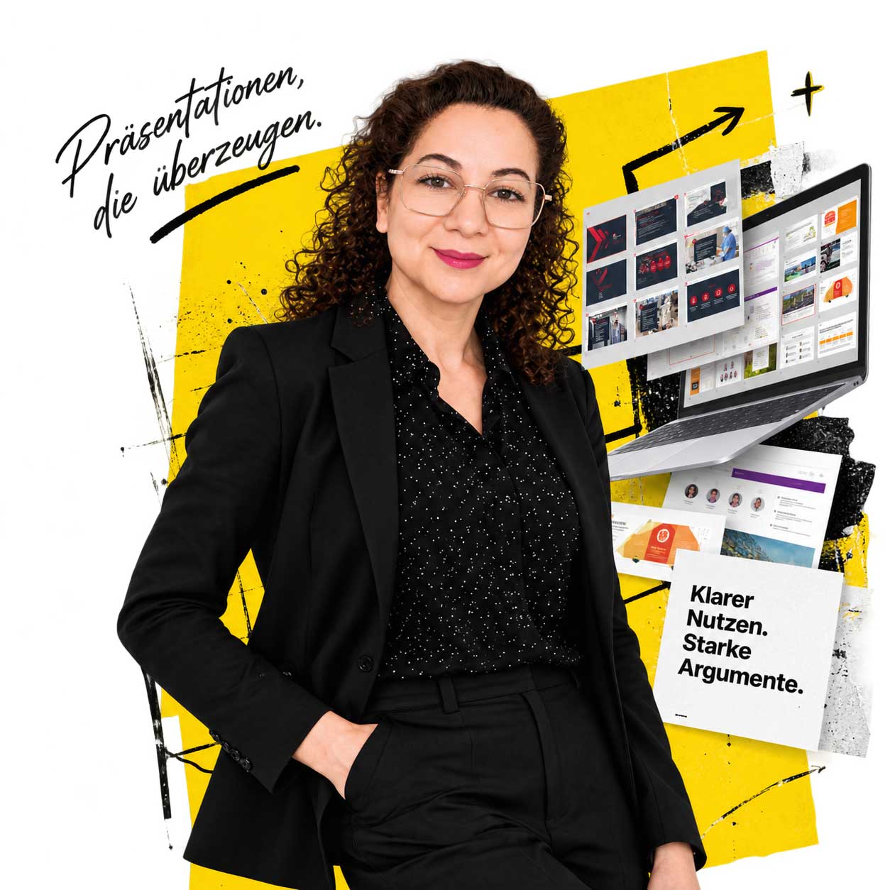 Parissa Kahvand mit Präsentationsbeispielen am Laptop. Präsentationen, die überzeugen. Klarer Nutzen. Starke Argumente.